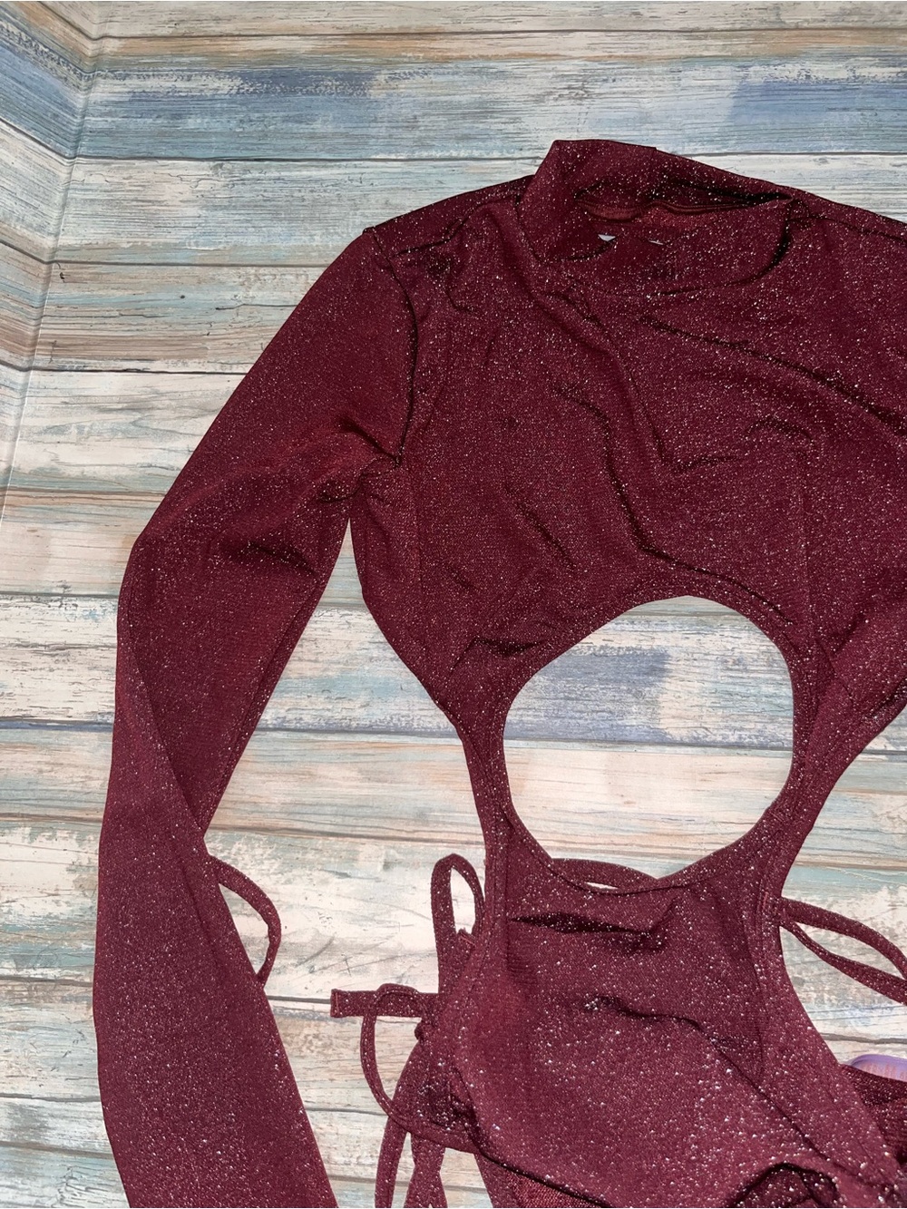NWT Savage X Fenty Burgundy Shimmer Cutout Long Sleeve Bodysuit Small - Picture 3 of 7
